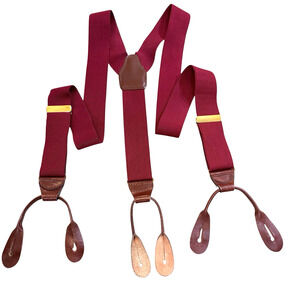 VTG Button Suspenders Burgundy Leather End Y-Back Dress SOLID BRASS Made Germany